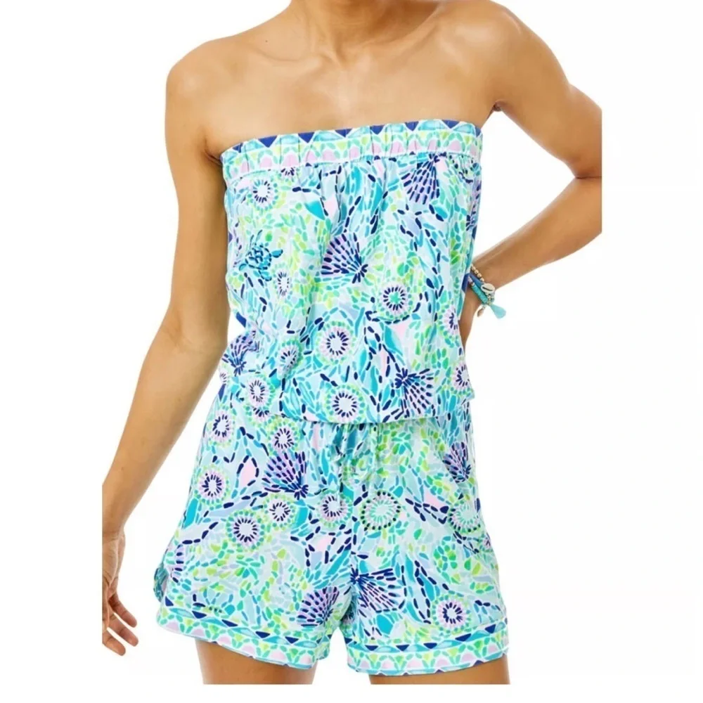 Lilly Pulitzer Rikki Romper Floral Blue Green Sz M